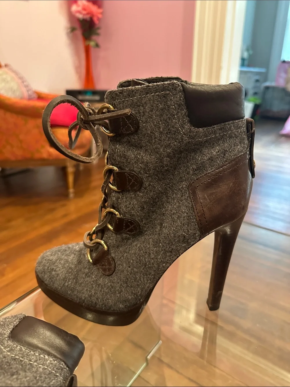 Tory Burch Lawson Dark Brown Leather & Gray Wool Lace-Up Stiletto Ankle Boots